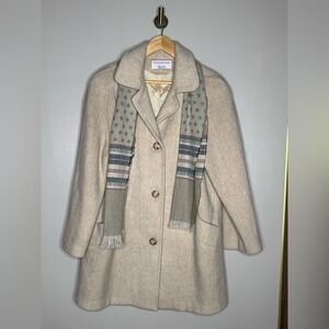 Vintage Herman Kay Winter Time Wool Coat w Attached Scarf Oatmeal Beige Size 10‎